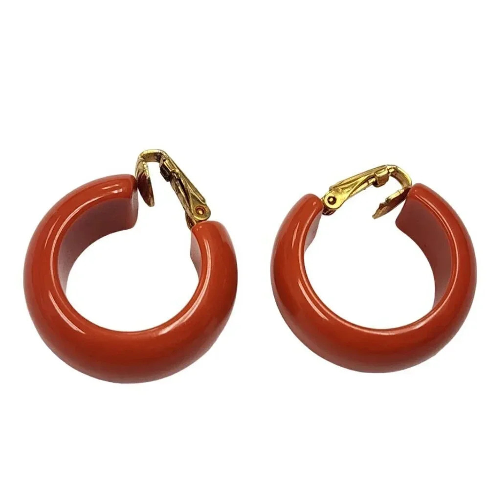 Vintage 60s-70s Art Deco Orange Hoop Earrings Clip on Gold Tone Clasp